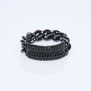GUNMETAL ARTICULATED CUBAN CHAIN LINK ID RING WITH BLACK MICRO CZs SIGNET BOHO